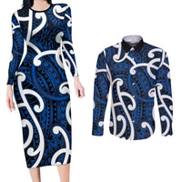 Aotearoa Maori Kowhaiwhai Couples Matching Long Sleeve Bodycon Dress and Long Sleeve Button Shirt Kikorangi Puhoro and Patiki