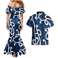 Aotearoa Maori Kowhaiwhai Couples Matching Mermaid Dress and Hawaiian Shirt Kikorangi Puhoro and Patiki