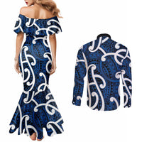 Aotearoa Maori Kowhaiwhai Couples Matching Mermaid Dress and Long Sleeve Button Shirt Kikorangi Puhoro and Patiki