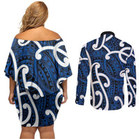 Aotearoa Maori Kowhaiwhai Couples Matching Off Shoulder Short Dress and Long Sleeve Button Shirt Kikorangi Puhoro and Patiki