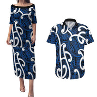 Aotearoa Maori Kowhaiwhai Couples Matching Puletasi and Hawaiian Shirt Kikorangi Puhoro and Patiki LT9 Blue - Polynesian Pride