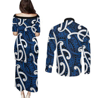 Aotearoa Maori Kowhaiwhai Couples Matching Puletasi and Long Sleeve Button Shirt Kikorangi Puhoro and Patiki