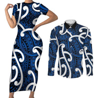 Aotearoa Maori Kowhaiwhai Couples Matching Short Sleeve Bodycon Dress and Long Sleeve Button Shirt Kikorangi Puhoro and Patiki