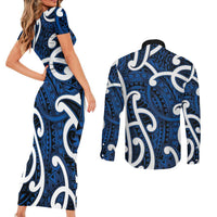Aotearoa Maori Kowhaiwhai Couples Matching Short Sleeve Bodycon Dress and Long Sleeve Button Shirt Kikorangi Puhoro and Patiki