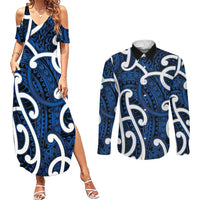 Aotearoa Maori Kowhaiwhai Couples Matching Summer Maxi Dress and Long Sleeve Button Shirt Kikorangi Puhoro and Patiki