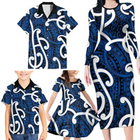 Aotearoa Maori Kowhaiwhai Family Matching Long Sleeve Bodycon Dress and Hawaiian Shirt Kikorangi Puhoro and Patiki