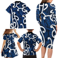 Aotearoa Maori Kowhaiwhai Family Matching Long Sleeve Bodycon Dress and Hawaiian Shirt Kikorangi Puhoro and Patiki