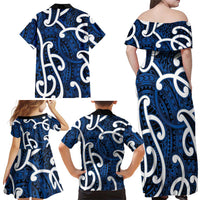 Aotearoa Maori Kowhaiwhai Family Matching Off Shoulder Maxi Dress and Hawaiian Shirt Kikorangi Puhoro and Patiki