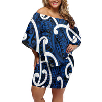 Aotearoa Maori Kowhaiwhai Off Shoulder Short Dress Kikorangi Puhoro and Patiki