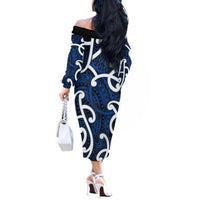 Aotearoa Maori Kowhaiwhai Off The Shoulder Long Sleeve Dress Kikorangi Puhoro and Patiki
