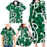 Aotearoa Maori Kowhaiwhai Family Matching Long Sleeve Bodycon Dress and Hawaiian Shirt Kakariki Puhoro and Patiki