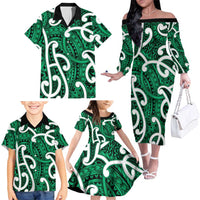 Aotearoa Maori Kowhaiwhai Family Matching Off The Shoulder Long Sleeve Dress and Hawaiian Shirt Kakariki Puhoro and Patiki