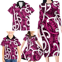 Aotearoa Maori Kowhaiwhai Family Matching Long Sleeve Bodycon Dress and Hawaiian Shirt Mawhero Puhoro and Patiki