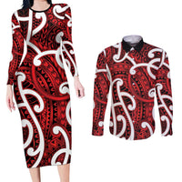 Aotearoa Maori Kowhaiwhai Couples Matching Long Sleeve Bodycon Dress and Long Sleeve Button Shirt Whero Puhoro and Patiki