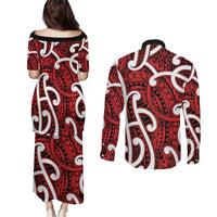 Aotearoa Maori Kowhaiwhai Couples Matching Puletasi and Long Sleeve Button Shirt Whero Puhoro and Patiki