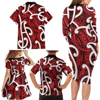 Aotearoa Maori Kowhaiwhai Family Matching Long Sleeve Bodycon Dress and Hawaiian Shirt Whero Puhoro and Patiki