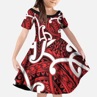 Aotearoa Maori Kowhaiwhai Family Matching Short Sleeve Bodycon Dress and Hawaiian Shirt Whero Puhoro and Patiki LT9 Daughter's Dress Red - Polynesian Pride