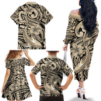 Polynesian Shark Tribal Tattoo Family Matching Off The Shoulder Long Sleeve Dress and Hawaiian Shirt Beige Style