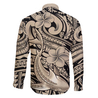 Polynesian Shark Tribal Tattoo Family Matching Off The Shoulder Long Sleeve Dress and Hawaiian Shirt Beige Style