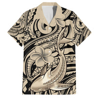Polynesian Shark Tribal Tattoo Family Matching Off Shoulder Short Dress and Hawaiian Shirt Beige Style