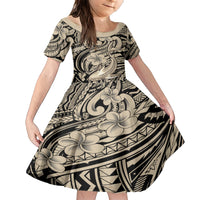 Polynesian Shark Tribal Tattoo Family Matching Short Sleeve Bodycon Dress and Hawaiian Shirt Beige Style
