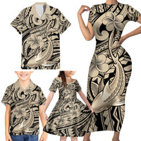 Polynesian Shark Tribal Tattoo Family Matching Short Sleeve Bodycon Dress and Hawaiian Shirt Beige Style
