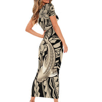 Polynesian Shark Tribal Tattoo Family Matching Short Sleeve Bodycon Dress and Hawaiian Shirt Beige Style