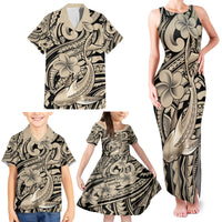Polynesian Shark Tribal Tattoo Family Matching Tank Maxi Dress and Hawaiian Shirt Beige Style