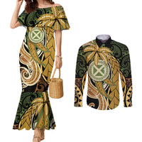 Wallis and Futuna Victory Day Couples Matching Mermaid Dress and Long Sleeve Button Shirt Since 1945 with Polynesian Platinum Floral Tribal LT9 Red - Polynesian Pride