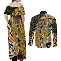 Wallis and Futuna Victory Day Couples Matching Off Shoulder Maxi Dress and Long Sleeve Button Shirt Since 1945 with Polynesian Platinum Floral Tribal