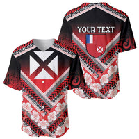Personalised Wallis et Futuna Baseball Jersey Hibiscus and Polynesian Tribal Tattoos