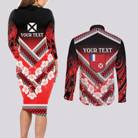 Personalised Wallis et Futuna Couples Matching Long Sleeve Bodycon Dress and Long Sleeve Button Shirt Hibiscus and Polynesian Tribal Tattoos