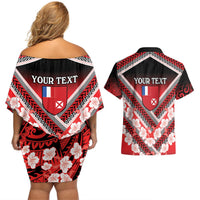 Personalised Wallis et Futuna Couples Matching Off Shoulder Short Dress and Hawaiian Shirt Hibiscus and Polynesian Tribal Tattoos