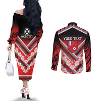 Personalised Wallis et Futuna Couples Matching Off The Shoulder Long Sleeve Dress and Long Sleeve Button Shirt Hibiscus and Polynesian Tribal Tattoos
