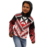 Personalised Wallis et Futuna Kid Hoodie Hibiscus and Polynesian Tribal Tattoos