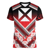 Personalised Wallis et Futuna Women V Neck T Shirt Hibiscus and Polynesian Tribal Tattoos
