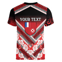 Personalised Wallis et Futuna Women V Neck T Shirt Hibiscus and Polynesian Tribal Tattoos