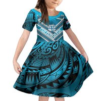 Custom Fiji Rugby Family Matching Tank Maxi Dress and Hawaiian Shirt Fijian Warrior With Polynesian Tribal Tattoos LT9 Daughter's Dress Blue - Polynesian Pride
