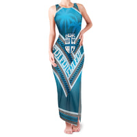 Custom Fiji Rugby Family Matching Tank Maxi Dress and Hawaiian Shirt Fijian Warrior With Polynesian Tribal Tattoos LT9 Mom's Dress Blue - Polynesian Pride