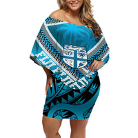 Custom Fiji Rugby Off Shoulder Short Dress Fijian Warrior With Polynesian Tribal Tattoos LT9 Women Blue - Polynesian Pride