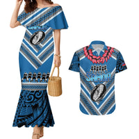 Custom Manuma Samoa Rugby Couples Matching Mermaid Dress and Hawaiian Shirt Ula fala Samoan Siva Tau Tribal LT9 Blue - Polynesian Pride