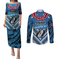 Custom Manuma Samoa Rugby Couples Matching Puletasi and Long Sleeve Button Shirt Ula fala Samoan Siva Tau Tribal LT9 Blue - Polynesian Pride