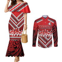 Custom Tonga Rugby Couples Matching Mermaid Dress and Long Sleeve Button Shirt Tonga Sipi Tau Ngatu Tribal Pattern LT9 Red - Polynesian Pride