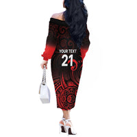 New Zealand Rugby Pacific Custom Off The Shoulder Long Sleeve Dress Whatumoana Maori Tribal Tattoo