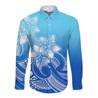 Polynesian Pride Plumeria Flowers Long Sleeve Button Shirt Polynesian Tribal Gradient Blue LT9 Unisex Blue - Polynesian Pride