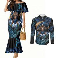 Samoa Siva Afi Couples Matching Mermaid Dress and Long Sleeve Button Shirt Fireknife Fire Dance Pacific Tribal Motif