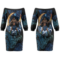 Samoa Siva Afi Couples Matching Off The Shoulder Long Sleeve Dress and Long Sleeve Button Shirt Fireknife Fire Dance Pacific Tribal Motif