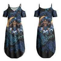 Samoa Siva Afi Family Matching Summer Maxi Dress and Hawaiian Shirt Fireknife Fire Dance Pacific Tribal Motif