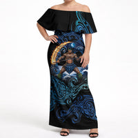 Samoa Siva Afi Off Shoulder Maxi Dress Fireknife Fire Dance Pacific Tribal Motif
