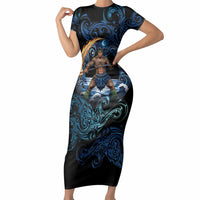 Samoa Siva Afi Short Sleeve Bodycon Dress Fireknife Fire Dance Pacific Tribal Motif